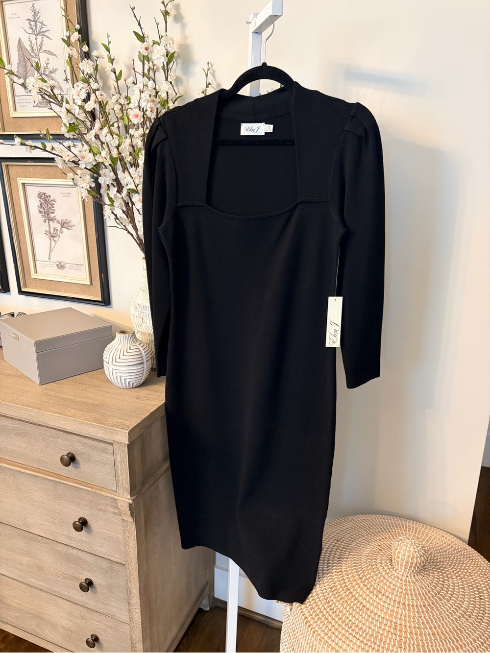 Eliza J Black Square-Neck Midi Sheath Dress